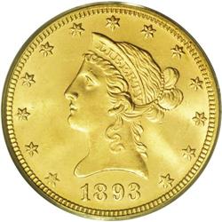 	1893 $10 MS65 PCGS. Frosty light yellow-gold with extr 1893
