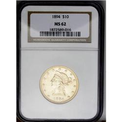 	1894 $10 MS62 NGC. Brilliant light yellow-gold surface 1894