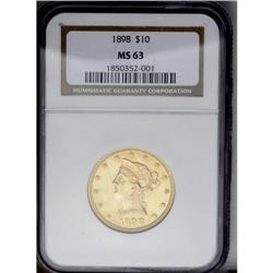 	1898 $10 MS63 NGC. The greenish-gold surfaces offer po 1898