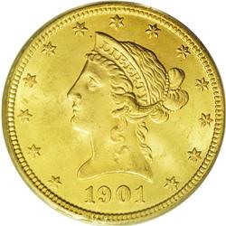 	1901 $10 MS64 PCGS. A lustrous greenish-gold near-Gem 1901