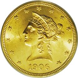 	1906-D $10 MS64 PCGS. Blushes of honey toning embrace 1906-D