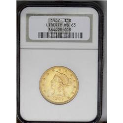 	1907 $10 MS63 NGC. This lustrous gold type coin has lo 1907