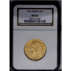 	1907 $10 No Periods MS62 NGC. This satiny mustard-gold 1907