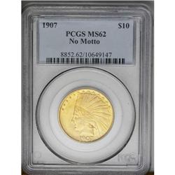 	1907 $10 No Periods MS62 PCGS. This pretty sunrise-gol 1907