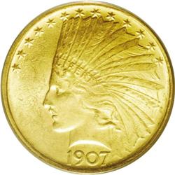 	1907 $10 No Periods MS63 PCGS. This nicely produced pi 1907