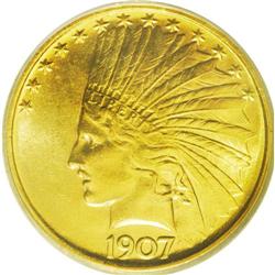 	1907 $10 No Motto MS64 ICG. Bright lemon-gold color wi 1907