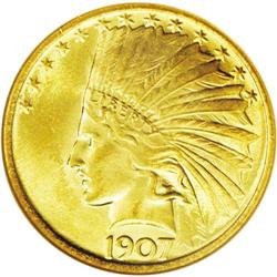 	1907 $10 No Periods MS65 NGC. Exceptionally bright hon 1907