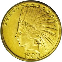	1908 $10 No Motto MS64 PCGS. A satiny near-Gem with sh 1908
