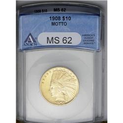 	1908 $10 Motto MS62 ANACS. A brilliant and lustrous Mi 1908