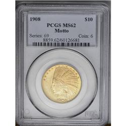 	1908 $10 Motto MS62 PCGS. Apricot-gold and green-gold 1908