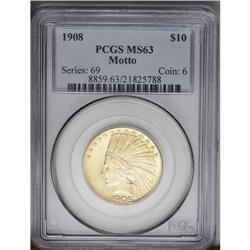 	1908 $10 Motto MS63 PCGS. Coruscating luster abounds o 1908