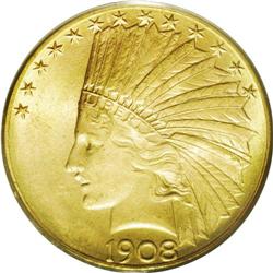 	1908-D $10 Motto MS64 PCGS. Although a respectable min 1908-D