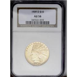 	1909-D $10 AU58 NGC. Straw-gold color with nearly full 1909-D