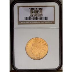 	1910-D $10 MS62 NGC. Fully lustrous with frosty yellow 1910-D