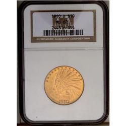	1910-D $10 MS62 NGC. A copper-gold example with a few 1910-D
