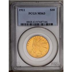 	1911 $10 MS63 PCGS. Rich apricot-gold surfaces exhibit 1911