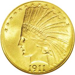 	1911 $10 MS64 NGC. This radiant chestnut-gold near-Gem 1911