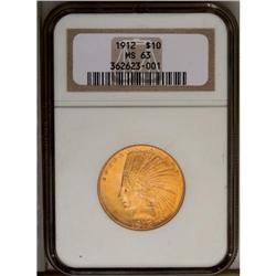 	1912 $10 MS63 NGC. Vivid red-orange toning catches the 1912