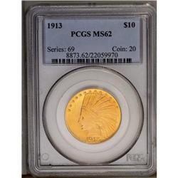 	1913 $10 MS62 PCGS. Both sides are fully lustrous with 1913