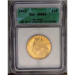 	1913 $10 MS63 ICG. Khaki-gold patina displays speckles 1913