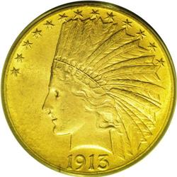 	1913-S $10 MS63 PCGS. Fully lustrous surfaces with dee 1913-S