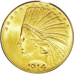 	1914 $10 MS64 PCGS. A satiny, light green-gold example 1914