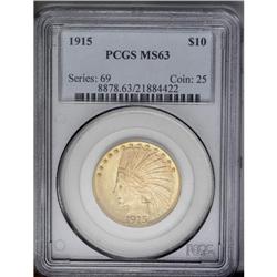 	1915 $10 MS63 PCGS. Rich color and luster with the usu 1915