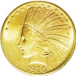 	1916-S $10 MS63 ICG. Moderately scuffed with subtle go 1916-S