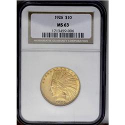 	1926 $10 MS63 NGC. Lightly abraded surfaces with rich 1926