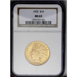 	1932 $10 MS63 NGC. Lustrous medium yellow surfaces wit 1932