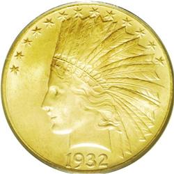 	1932 $10 MS64 PCGS. A smooth peach-toned near-Gem. Onl 1932