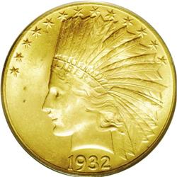 	1932 $10 MS64 PCGS. A beautiful and lustrous khaki-gol 1932
