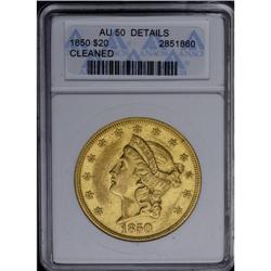 	1850 $20 --Cleaned--ANACS. AU50 Details. This bold doub 1850