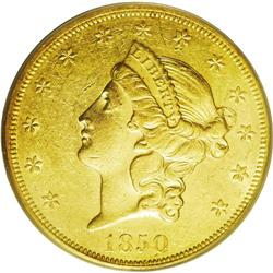 	1850 $20 AU55 PCGS. A bright double eagle with abundan 1850