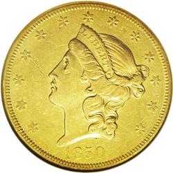 	1850-O $20 AU53 NGC. Lustrous green-gold surfaces with 1850-O