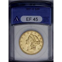 	1851-O $20 XF45 ANACS. Bright yellow-gold surfaces dis 1851-O