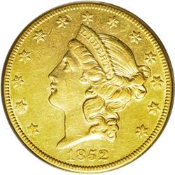 	1852-O $20 AU55 PCGS. Considerable prooflike luster su 1852-O