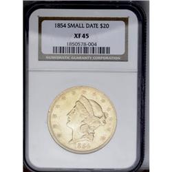 	1854 $20 Small Date XF45 NGC. Typically worn for the a 1854