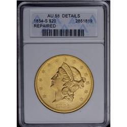 	1854-S $20 --Repaired--ANACS. AU58 Details. Liberty''s 1854-S