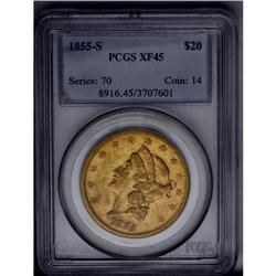 	1855-S $20 XF45 PCGS. Breen-7179. The crossbar of the 1855-S