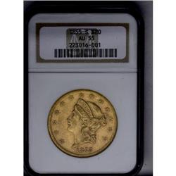 	1855-S $20 AU55 NGC. Well struck with a slightly muted 1855-S