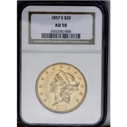 	1857-S $20 AU58 NGC. Variety 20A. Spiked Shield. Two s 1857-S