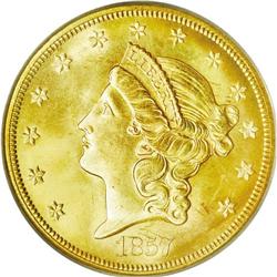 	1857-S $20 Spiked Shield MS64 PCGS. Ex: S.S. Central A 1857-S