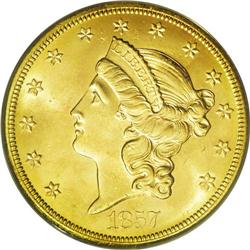 	1857-S $20 MS65 PCGS. 20A. Spiked Shield. Ex: S.S. Cen 1857-S