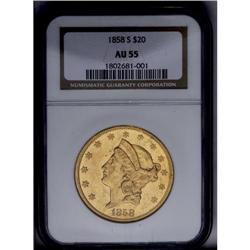 	1858-S $20 AU55 NGC. A challenging issue to locate in 1858-S