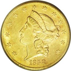 	1858-S $20 AU55 ICG. The 1858-S double eagle is readil 1858-S