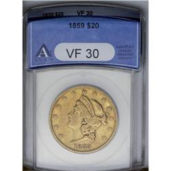 	1859 $20 VF30 ANACS. A circulated example of this much 1859