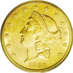 	1860-S $20 AU55 PCGS. Unlike some of the other S-mint 1860-S