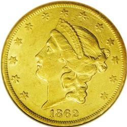 	1862-S $20 AU55 NGC. Lightly worn with numerous bagmar 1862-S