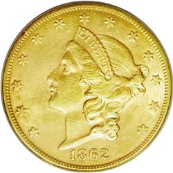 	1862-S $20 AU55 PCGS. Ex: Brother Jonathan. A sharp ex 1862-S